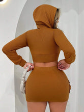2pcs Women Solid Color Zip Front Hooded Sweatshirt And Mini Skirt Set, Spring/Autumn, Fall Two Piece Outfit